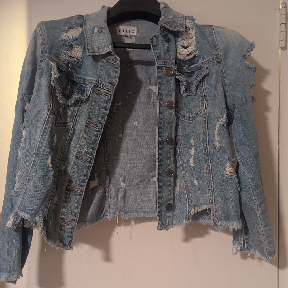 Cello Blue Distressed Jean Jacket Cropped
